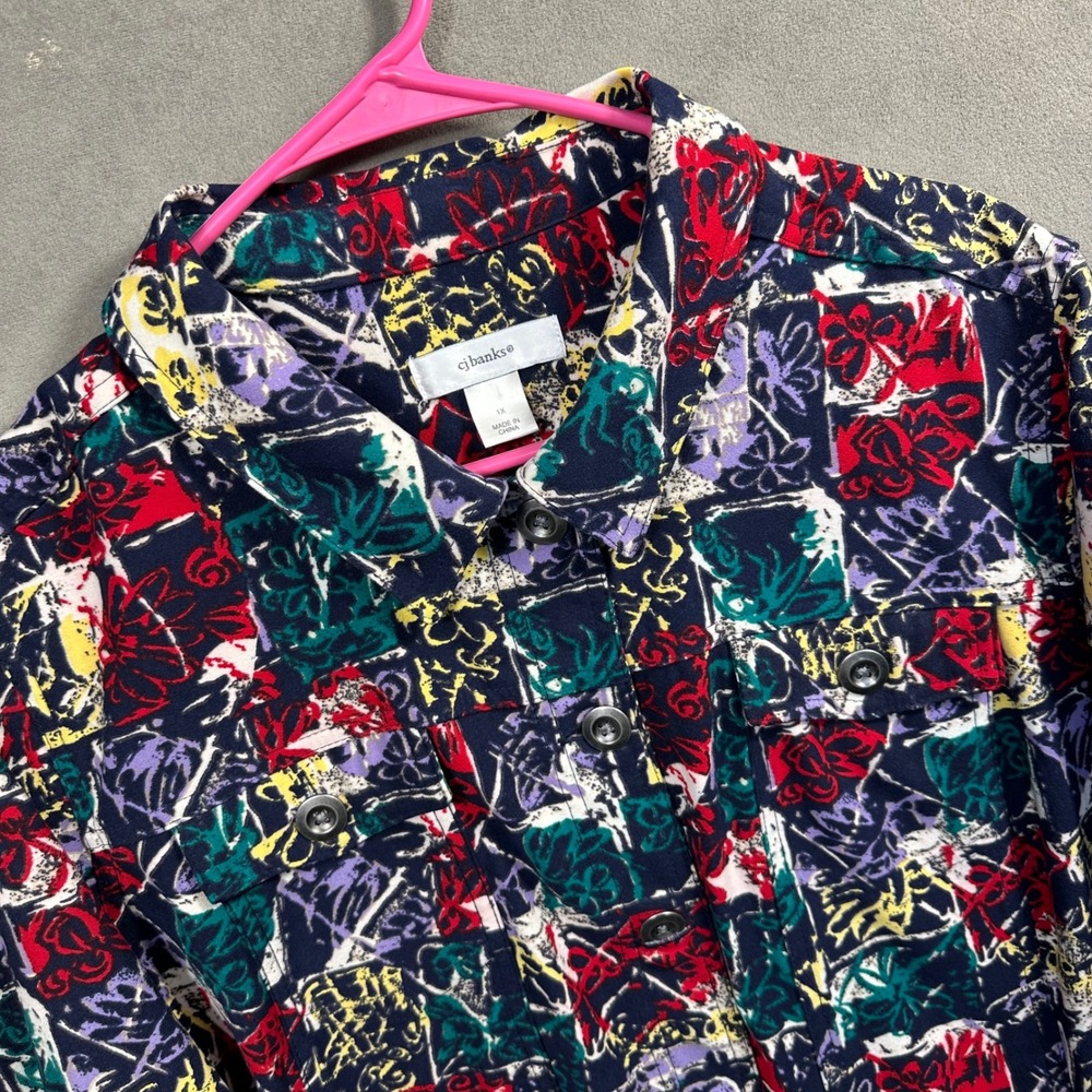 CJ Banks Jacket Women 1X Multi Color Abstract Floral Button‎ Up Excellent Bright